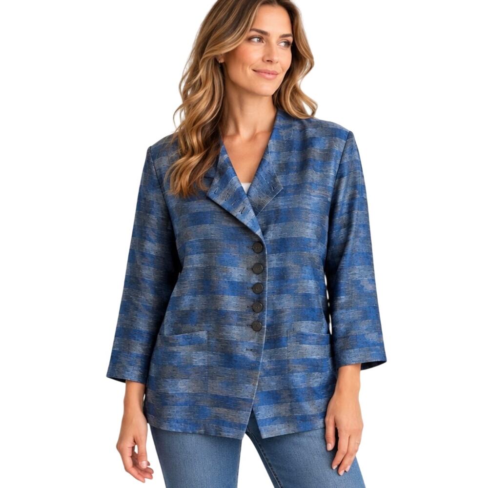Vintage Michii Moon Sanyo Blazer Size 2 Blue 100% Ramie Made in Japan